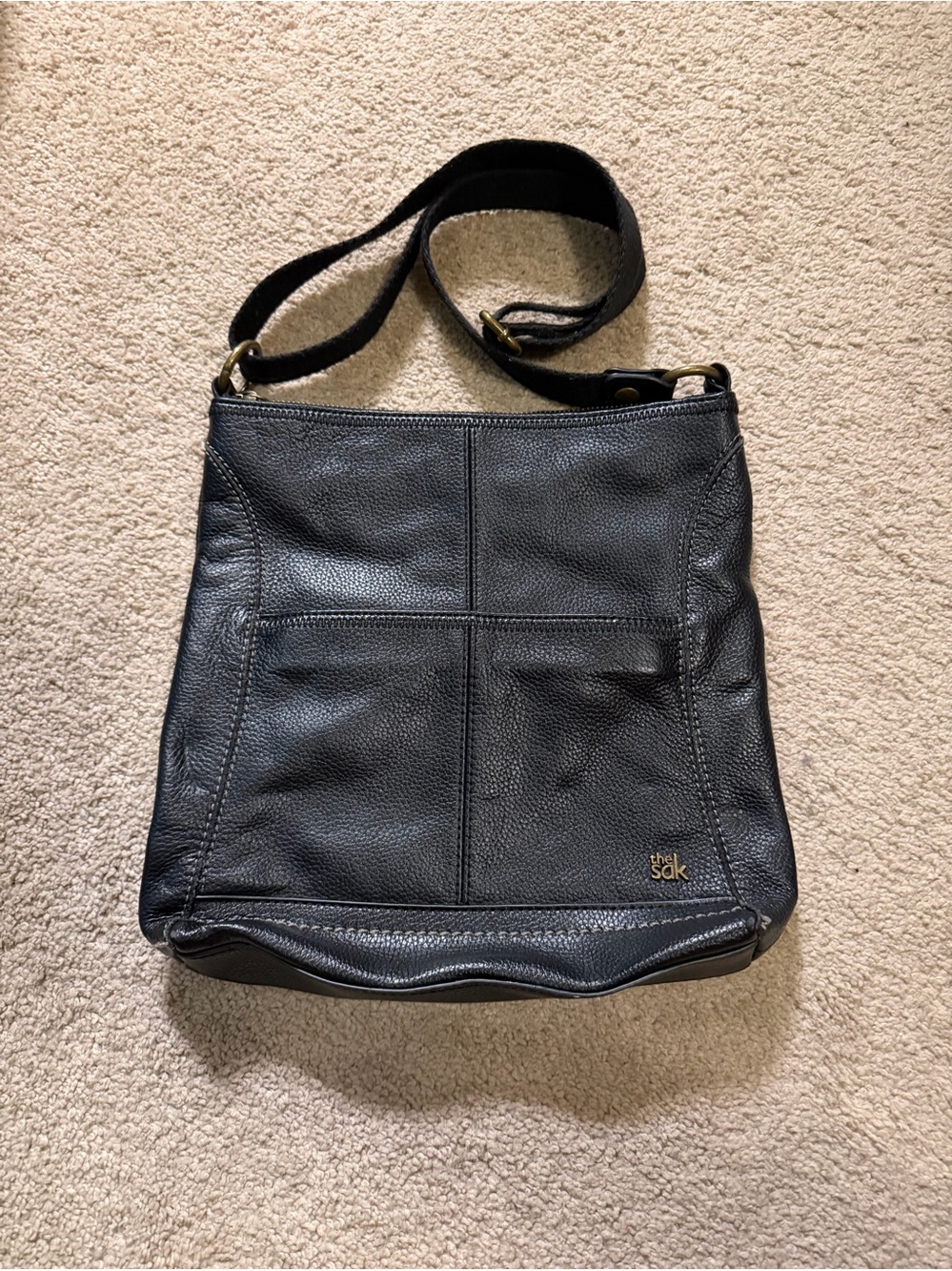 The Sak Black Pebbled Leather Messenger Crossbody Bag